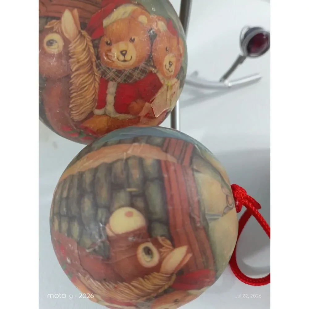 Vintage Plush Teddy Bear Christmas Ball Ornaments Set of 4